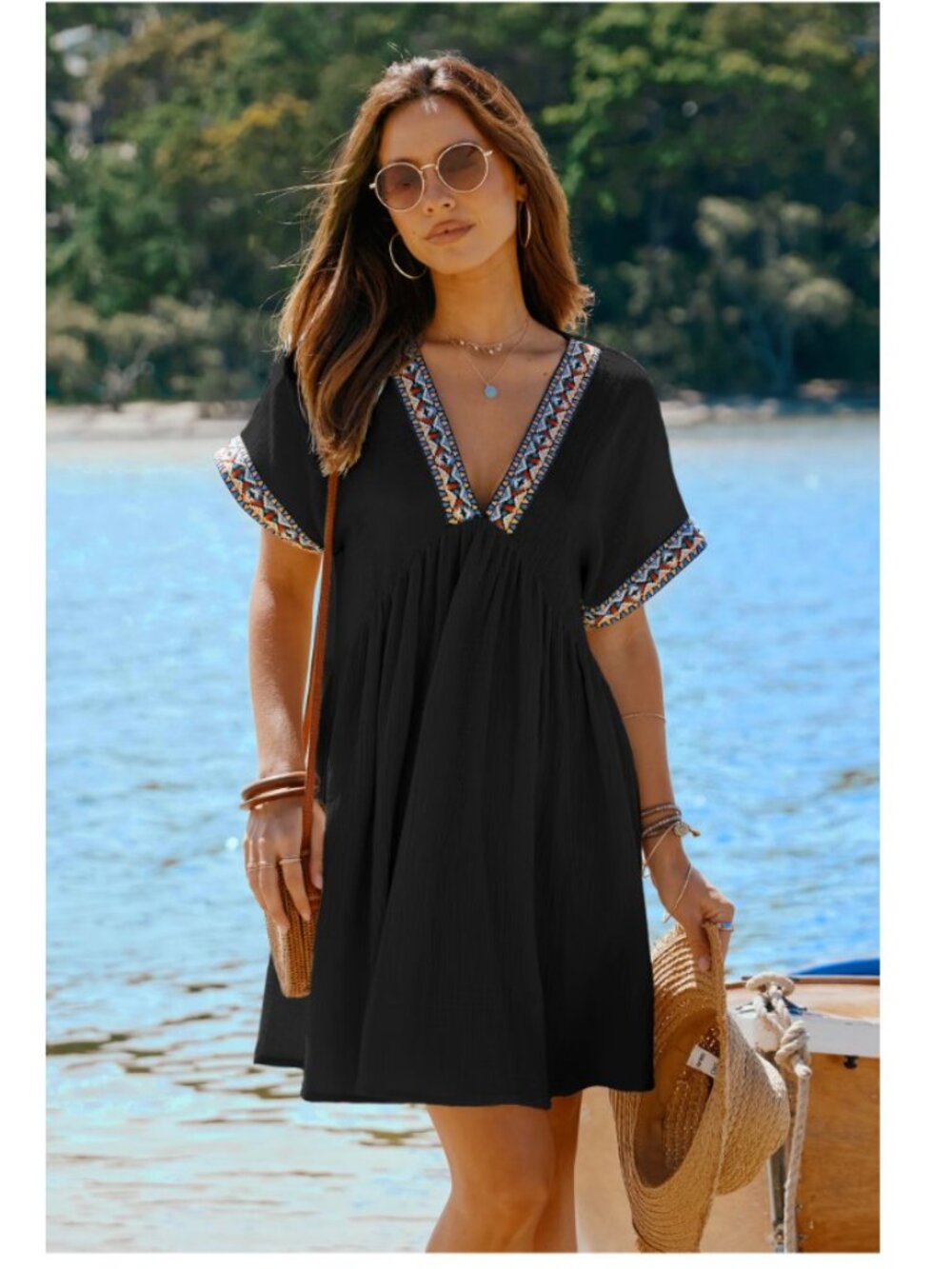 NWT CUPSHE Black Mini Dress V Neck Short Sleeve 100% Cotton Casual Dress -S - Picture 7 of 11